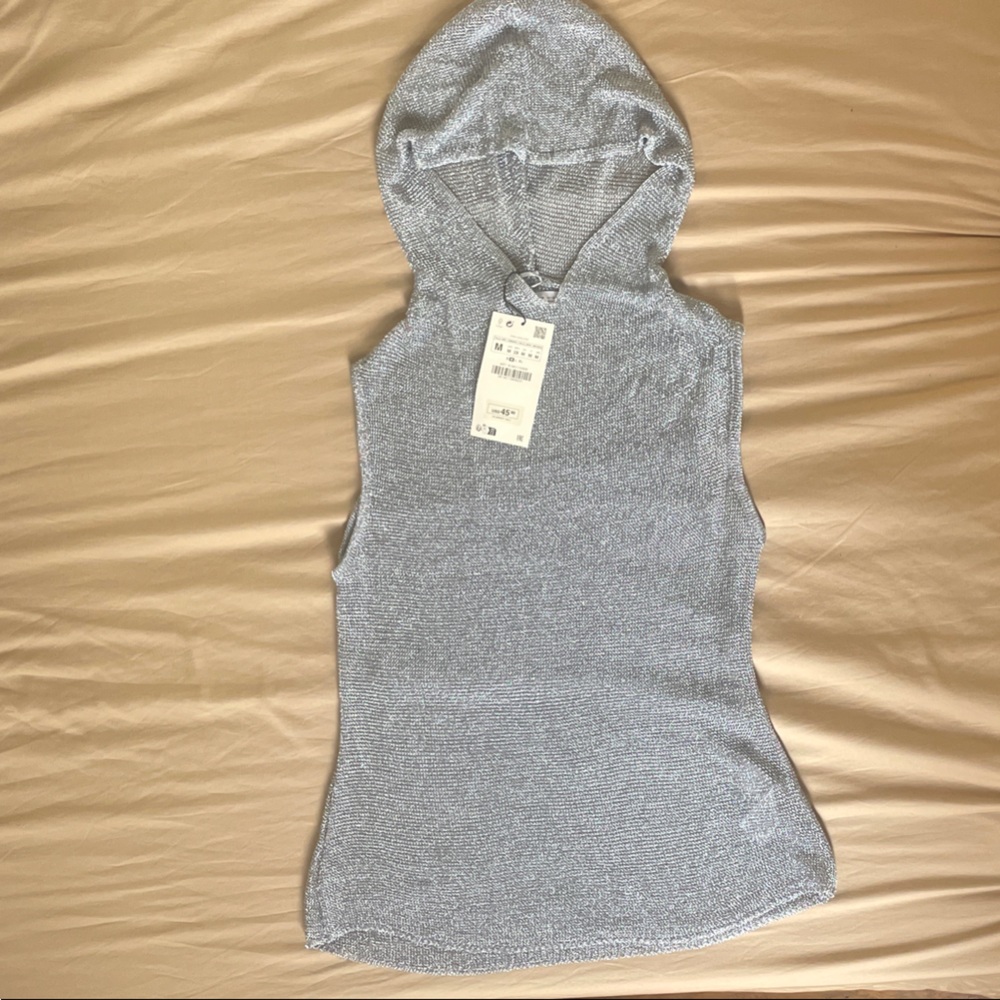 Zara Silver Sleeveless Knit Hoodie